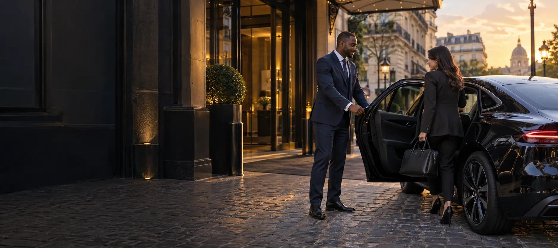 Un chauffeur VTC accueillant une cliente devant un hôtel